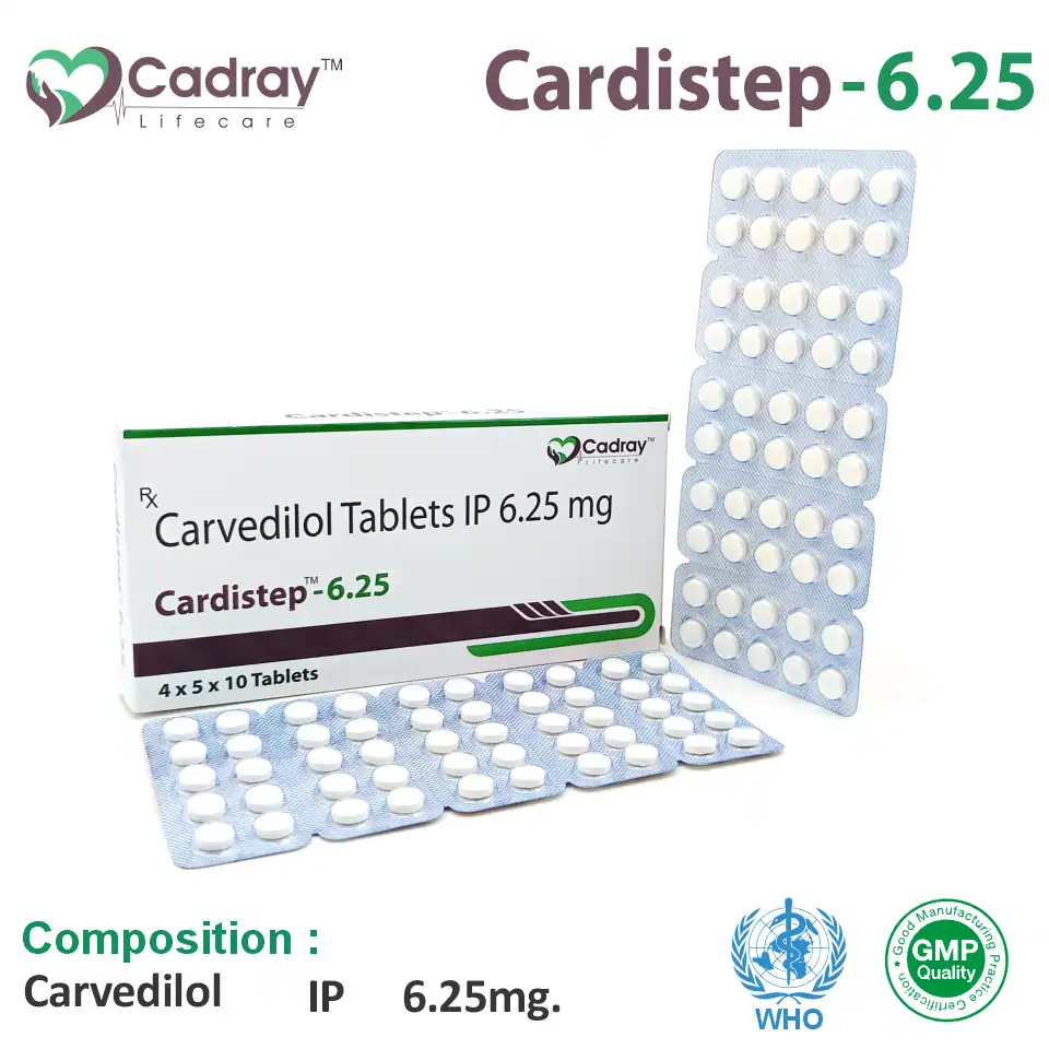 Cardistep 6.25 Tablet with Carvedilol 6.25mg for hypertension & heart failure management. WHO GMP certified, available for PCD pharma franchise at the best price.